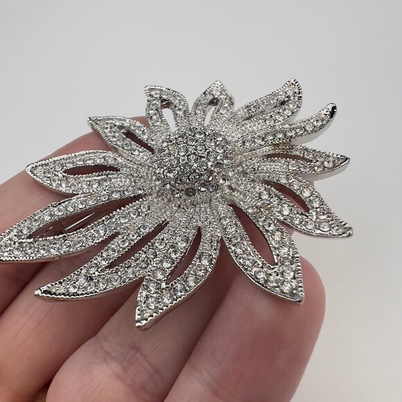 Vintage SETA Brooch Rhinestone Silver Tone Flower Large Chunky - Picture 1 of 9